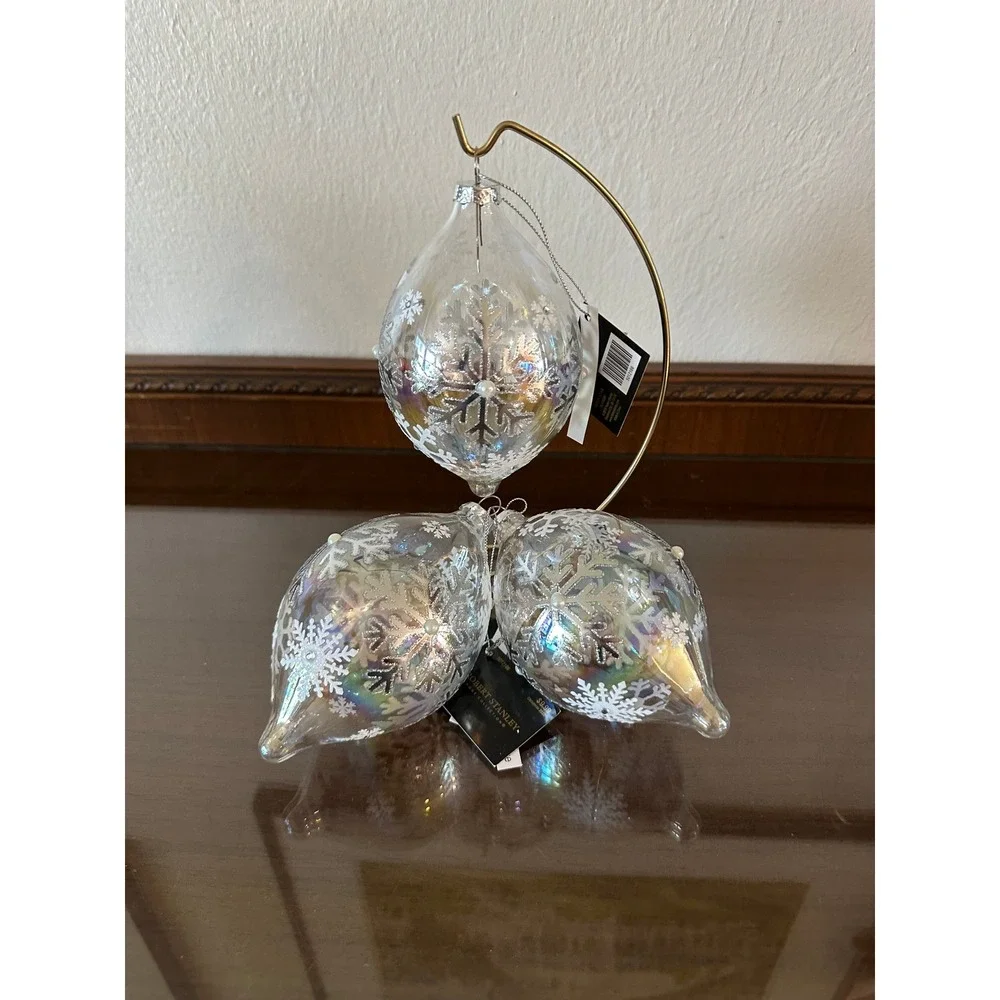 Robert Stanley Iridescent Glass Snowflake Ornaments Set of 3 Teardrop 6'' Jumbo